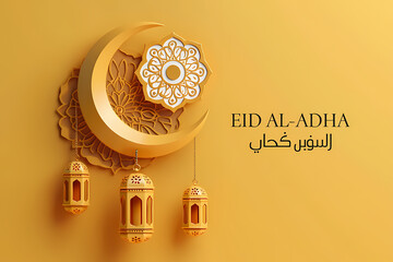 Elegant eid al-Adha illustration with crescent moon and lanterns on yellow background
