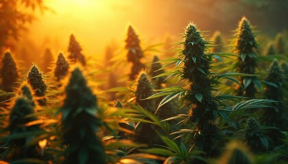 Cannabis plants in warm sunlight. Green leaves, buds with sunset background. Hemp field at sunrise. Happy 420 day. Concept for medical marijuana or recreational use. Marijuana farm.