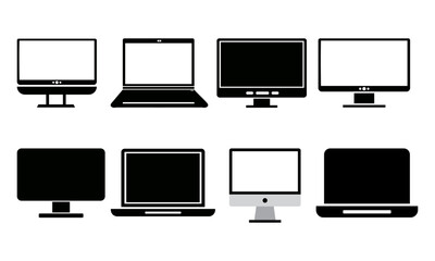 computer and laptop black and white icon set, silhouettes, flat desktop monitor illustrations for tech and UI design