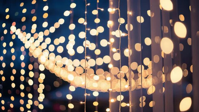 Bokeh string lights swaying at night during outdoor festival	