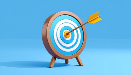 A yellow arrow hits the bullseye of a blue and white target on a blue background, symbolizing precision and achievement.