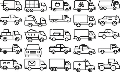 Variety of Delivery and Service Trucks Icon Set