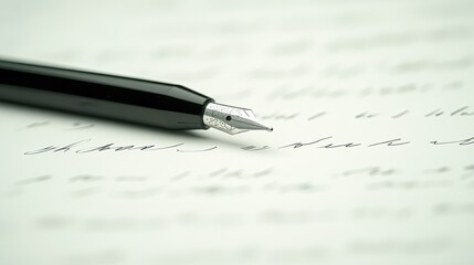 Close-up of a black fountain pen nib resting on handwritten paper