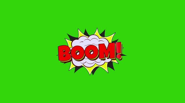 Comic strip-inspired text animation featuring BOOM in pop art style on a transparent green background.