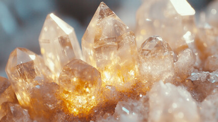 Glistening quartz crystals illuminated from within, showcasing natural beauty.