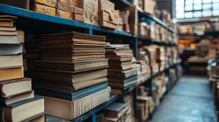 Obraz premium Vintage Bookstore Interior with Shelves of Old Books and Texts