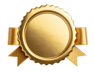 Golden seal with ribbons isolated on transparent background.