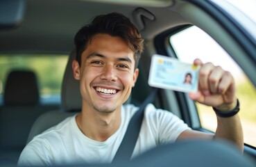 Happy young man showing driving license in car. Smiling driver, celebrating success. Caucasian male holds license, ready driving. Transportation, vehicle, auto concept.