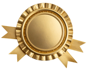 Golden seal with ribbons isolated on transparent background.