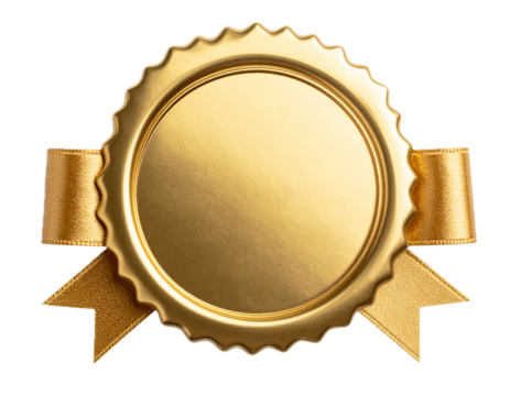 Golden seal with ribbons isolated on transparent background.