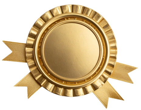 Golden seal with ribbons isolated on transparent background.