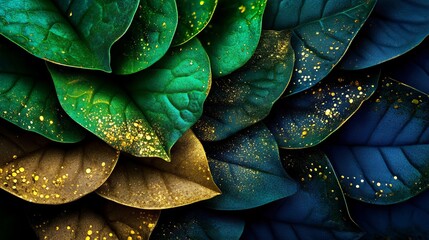 Fototapeta premium Green and blue leaves display golden speckles in a tightly arranged overlapping pattern, creating a nature-inspired design.