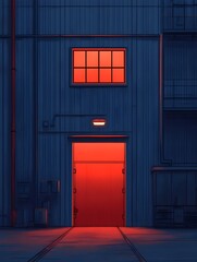 Night scene of a dark blue industrial building with a glowing red door and small window