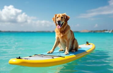 Golden retriever dog sits on paddleboard in blue sea water. Water sport with pet in sunny day. Paddle boarding with dog during vacation. Summer fun at ocean beach coast. Active lifestyle with animals.