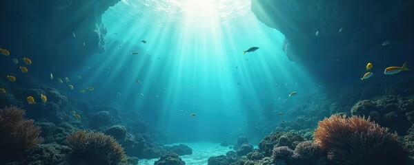 Obraz premium Underwater illustration of ocean depths with sunlight beams, fish and corals. Blue turquoise water, sunrays penetrating, creating beautiful scenery. Marine life, ocean ecosystem, seascape background.