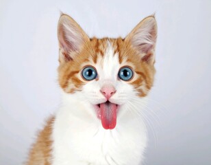 Obraz premium Cute Fluffy Cat Licking Nose – Funny Blue Eyed Kitten Portrait on White Background