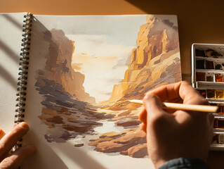 Watercolor Landscape Sketching in a Serene Canyon: Embrace Creativity and Nature's Beauty
