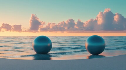 Obraz premium Two metallic spheres rest on a tranquil beach at sunset, reflecting the serene sky and calm ocean waves