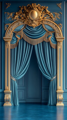 Elegant 1920s Art Deco Cinema Lobby with Golden Accents vertical - blue background