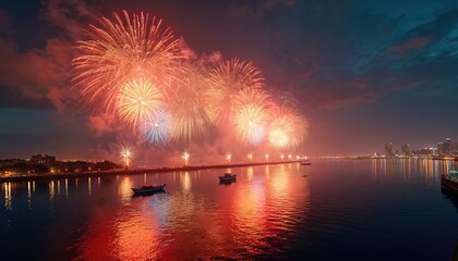 Fototapeta premium Fireworks explode night sky over water reflecting lights. Boats in water. Sunset colors. City lights background. Celebration, holiday, New Year, Fourth of July.