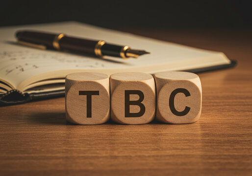 Wooden blocks spelling TBC (To Be Continued) placed on a wooden desk before an open journal and a fountain pen, suggesting storytelling, writing, or an unfolding narrative
