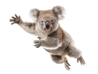 Fototapeta premium A mid-air koala in motion, contrasting dark fur against lighter tones, with bright eyes and a central focus against a white background - AI-Generated