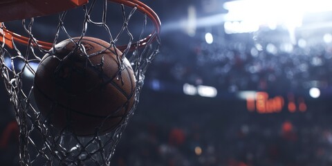 A basketball is in a net in a stadium