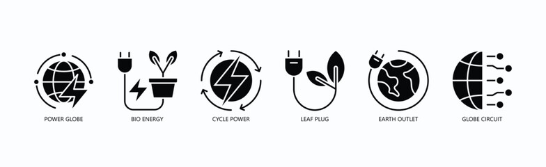 Green Circuit Icon Set Isolated Vector With Icon Of Power Globe, Bio Energy, Cycle Power, Leaf Plug, Earth Outlet, Globe Circuit In Glyph Style