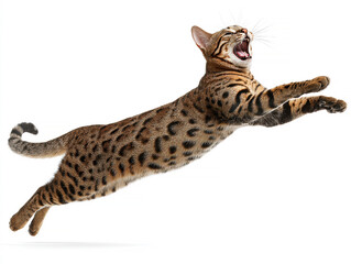 Image of a Bengal-like cat in mid-air jump, with spotted fur and head turned sideways No background details, possibly indoor lighting Realistic style focusing on movement Perspective - AI-Generated