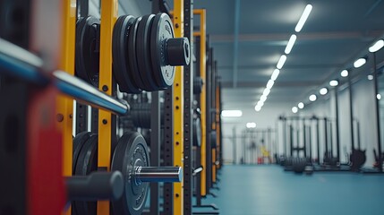 Interior shot of a modern gym, showcasing weightlifting equipment.  Rows of weights, barbells, and racks are neatly organized