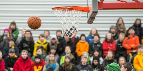 A basketball is in the air and is about to go through a hoop