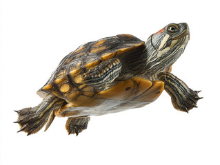 Close-up image of a partially submerged turtle, light neck and underbelly, dark-patterned shell, open eyes, neutral background, realistic style - AI-Generated