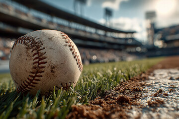 Baseball on home plate under dim stadium lights during twilight, with a distant scoreboard or advertisement board - AI-Generated