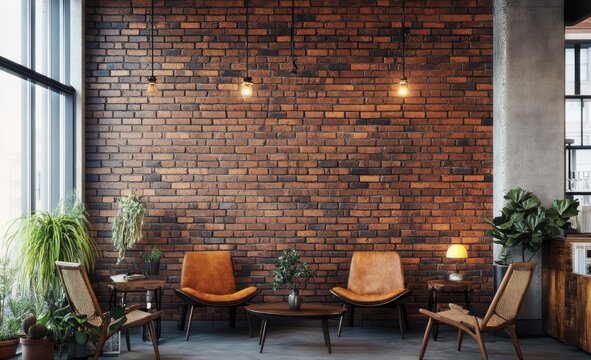Rustic cafe interior with brick wall
