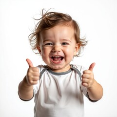 Adorable baby gives thumbs up gesture with cheerful, happy face. Toddler child express joy, success. Positive emotions, childhood, fun. Isolated on white background.
