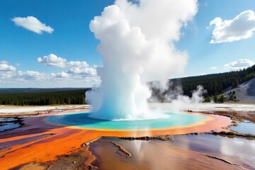 Spectacular eruption of Old Faithful geyser in Yellowstone National Park, hot water and steam rising high into the sky, a breathtaking natural wonder , hydrothermal, geothermal, thermal feature