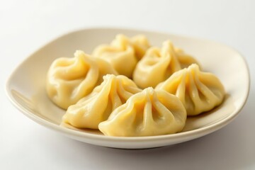 Steaming dumplings arranged on white background, shadow, dim sum, lunch