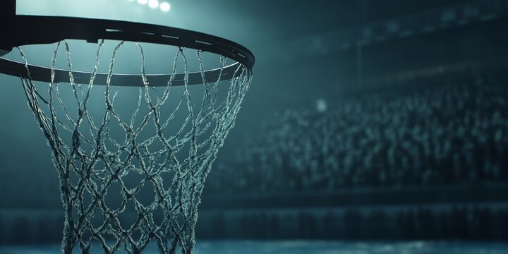 A basketball net is wet and the crowd is watching