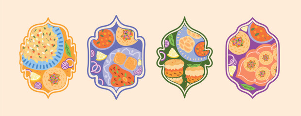 Traditional Indian Dishes in colorful ornamental frames. Poha, Pav Bhaji, Chole Bhature, Vada Pav, Pani Puri with onion, lemon, herbs. Flat vector food illustration for ethnic poster or banner