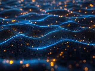 Abstract Digital Ocean with Glowing Gold Dots on Dark Blue Wavy Surface: Night Wave Concept for Tech Branding, Data Visualization, or Artistic Backgrounds. Dynamic Light Flow and High-Resolution Textu