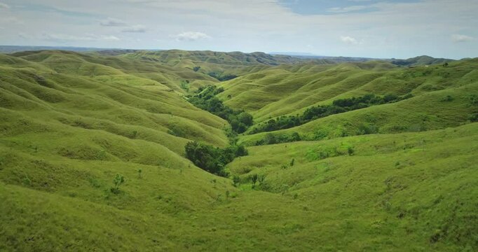 Young woman tourist is enjoying stunning view of rolling green hills and valleys in Sumba Island, Indonesia, feeling sense of freedom and adventure