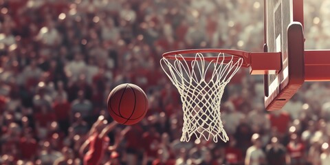 A basketball is in the air and about to go through a hoop