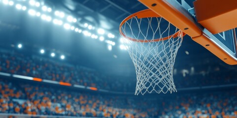 A basketball net is suspended in the air in a stadium