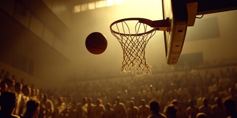 A basketball is in the air and is about to go through a hoop