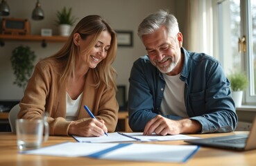 Relieved couple signs insurance forms in cozy home office. Smiling woman, gray-haired man review documents, planning future. Responsible financial decisions, security, peace of mind. Focus on middle