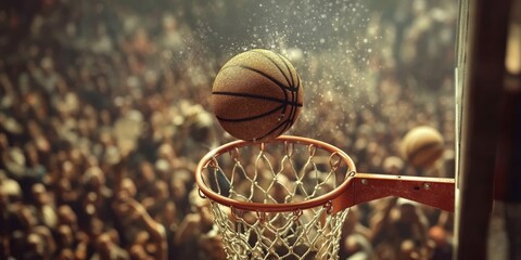 A basketball is in the air above a basketball net