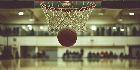A basketball is in the air, about to go through a net