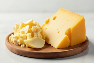 Artisanal cheese wheel, pristine white backdrop, close-up, recipe, artisan