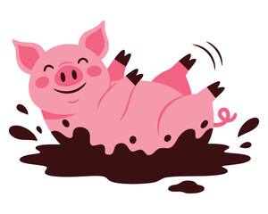 Happy Cartoon Pig Rolling Playfully in Brown Mud Puddle Surrounded by Splashes and Joyful Vibes