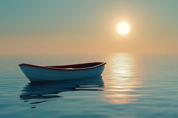 Fototapeta premium Small white boat floating serenely on calm water at sunrise, with soft golden light reflecting on the surface, creating a tranquil and peaceful atmosphere